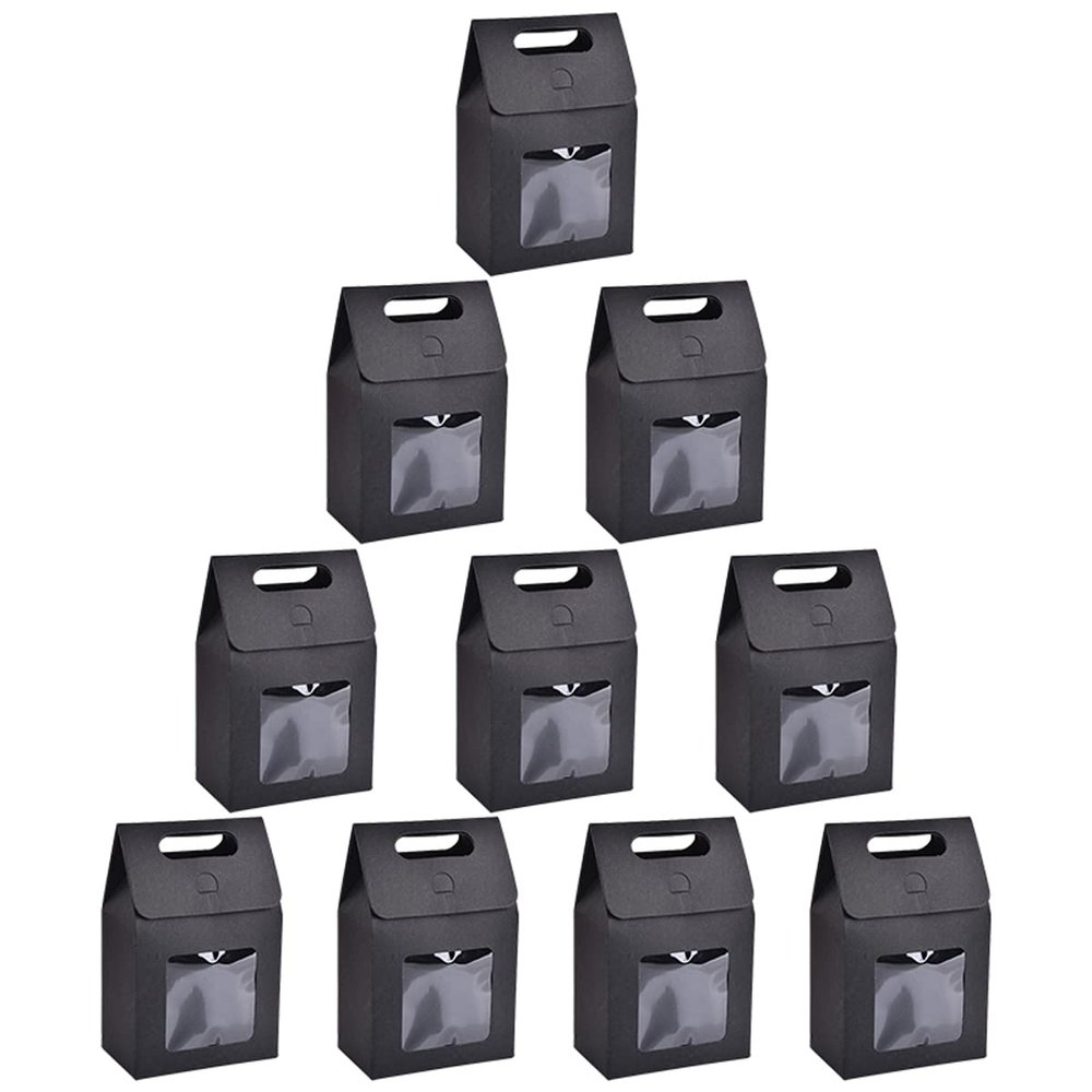 Queenbox 10 Pcs 15x9.8x5.8cm Kraft Paper Gift Boxes with Clear Window and Handle, Stand Up Gift Bag Empty Food Packing Boxes Jewelry Packaging, Black