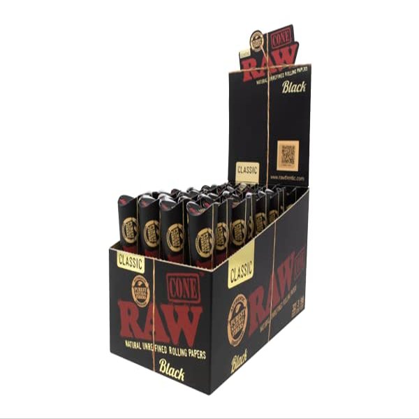 Raw Classic Cone Black - 1 1/4 - Popup Display 32 Packs - 6 Cones Per Pack - Total 192 Cones.