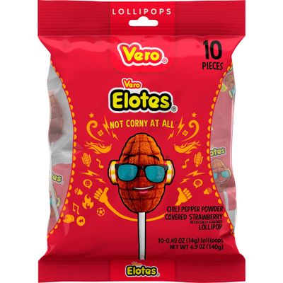 Vero Elotes Strawberry Lollipops Coated with Chili Powder, Hot and Sweet Candy Treat, Artificially Flavored, Net Wt. 4.93 Ounces, 10 Count Bag
