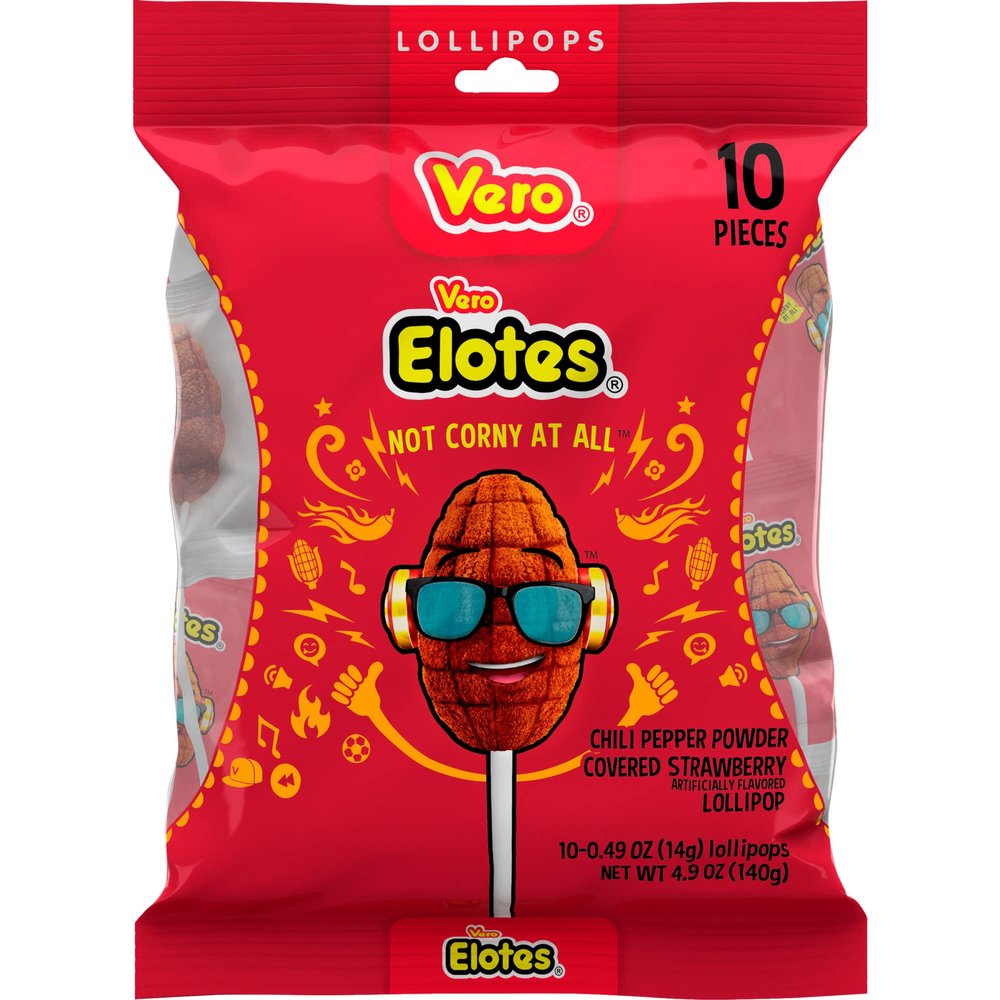 Vero Elotes Strawberry Lollipops Coated with Chili Powder, Hot and Sweet Candy Treat, Artificially Flavored, Net Wt. 4.93 Ounces, 10 Count Bag