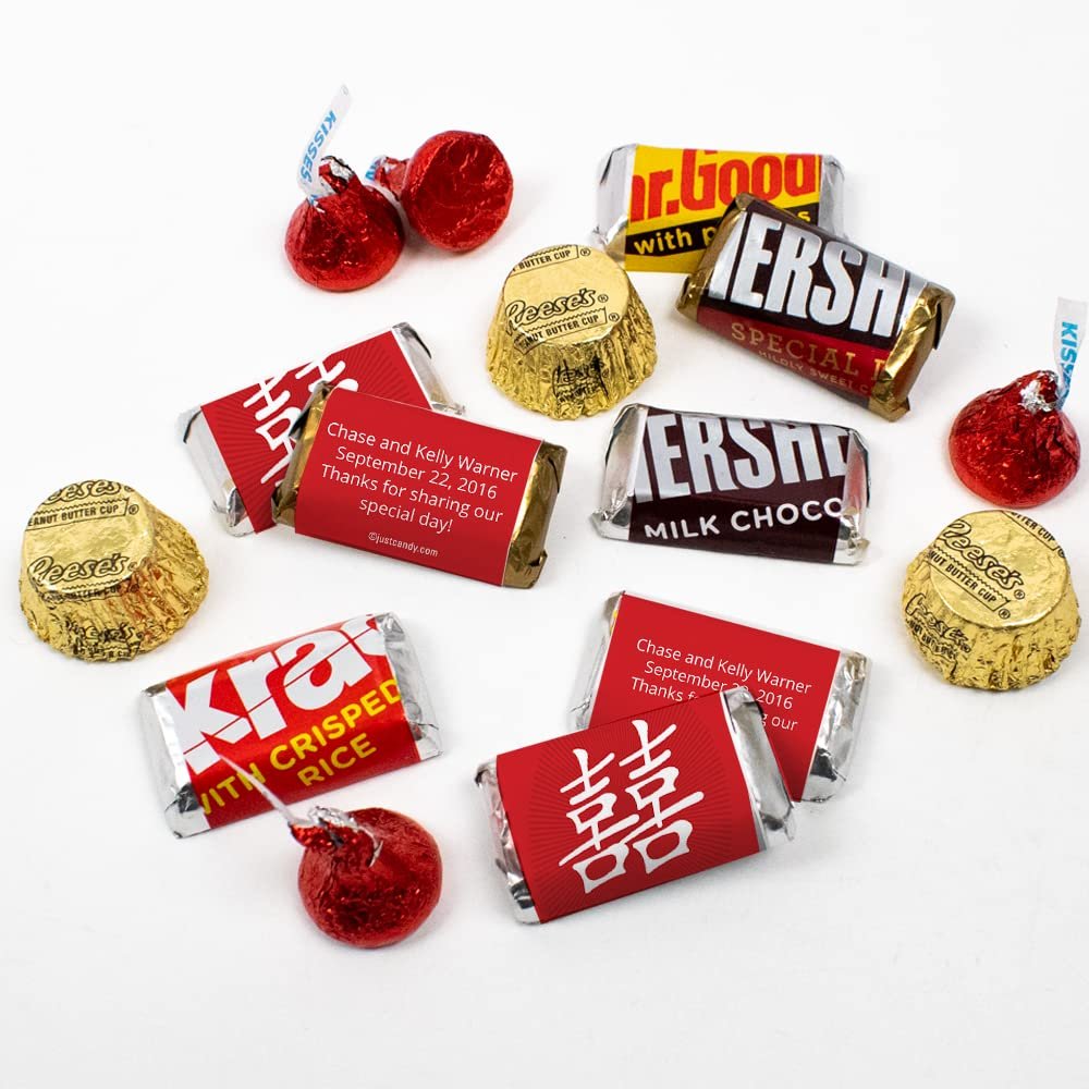 200pcs Personalized Chinese Wedding Candy Kit, Chocolate Party Favors for Guests, Candy Buffet Supplies (Custom Wrapped Miniatures, Kisses, Peanut Butter Cups)