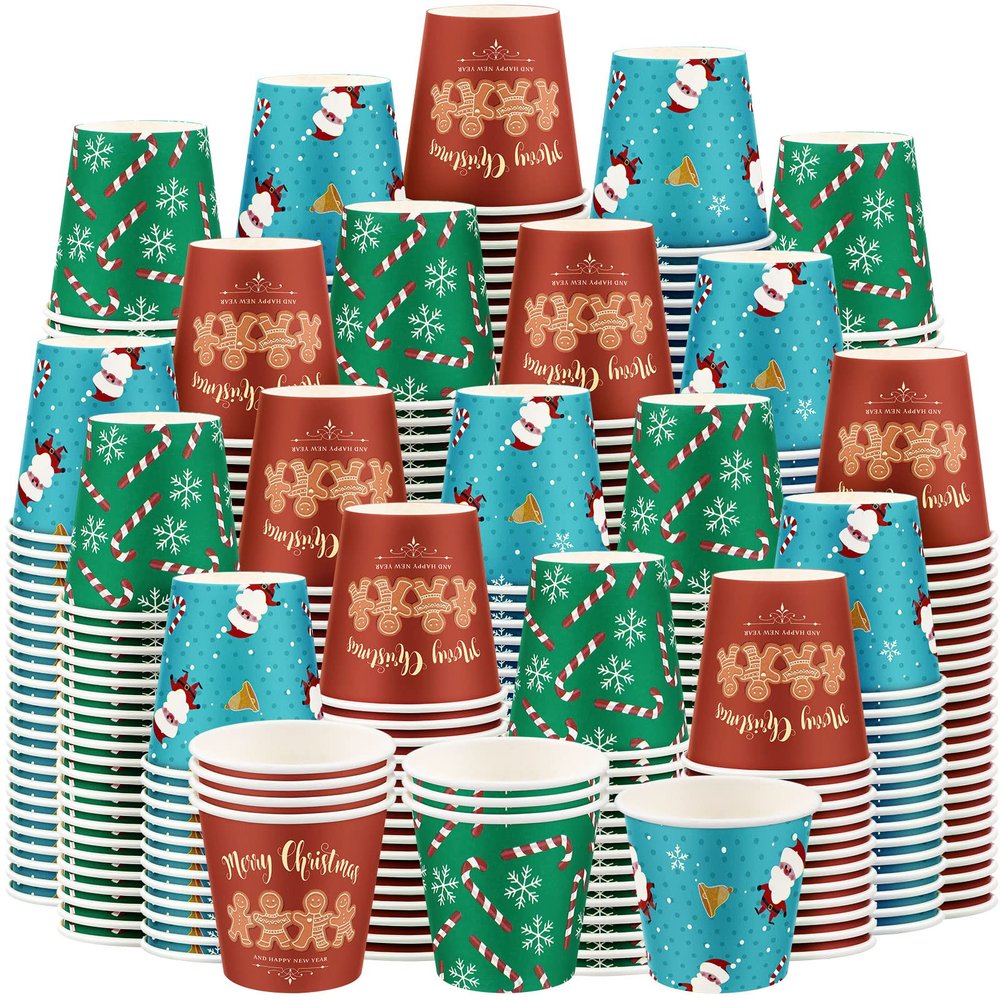 Cunhill 600 Pack 3oz Christmas Paper Cups Small Disposable Bathroom Cups with Santa Snowflake Gingerbread Design for Holiday Party, Bathroom, Winter Celebration(Snowflake Style)