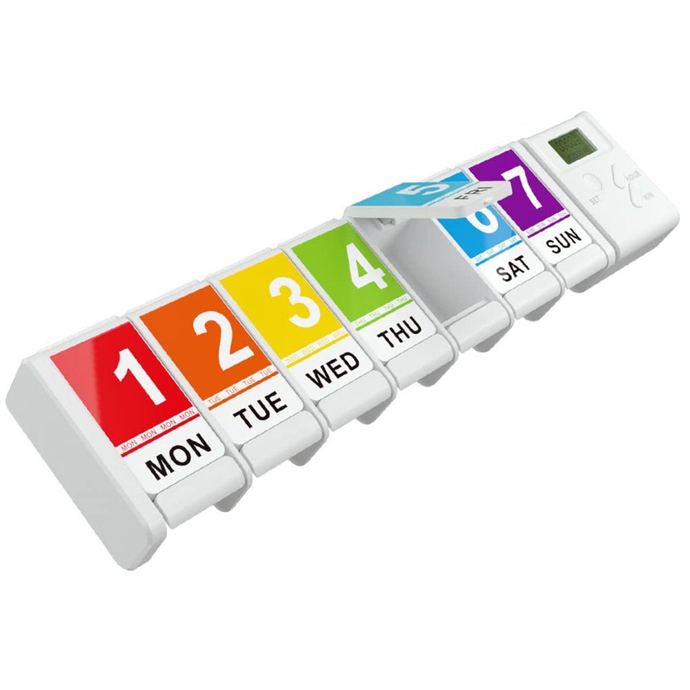 7 Day AM/PM Pills Box, Weekly Pills Organizer with 4 Alarm Reminder, Push Button Large Capacity Medicine Organizer for Vitamins, Supplements, Travel Medicine Organizer Pills Planner, White
