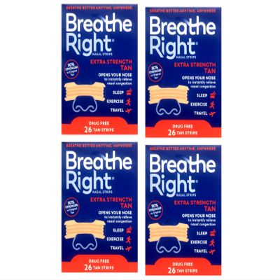Breathe Right Tan Nasal Strips Extra Strength, 26 Count (Pack of 4)