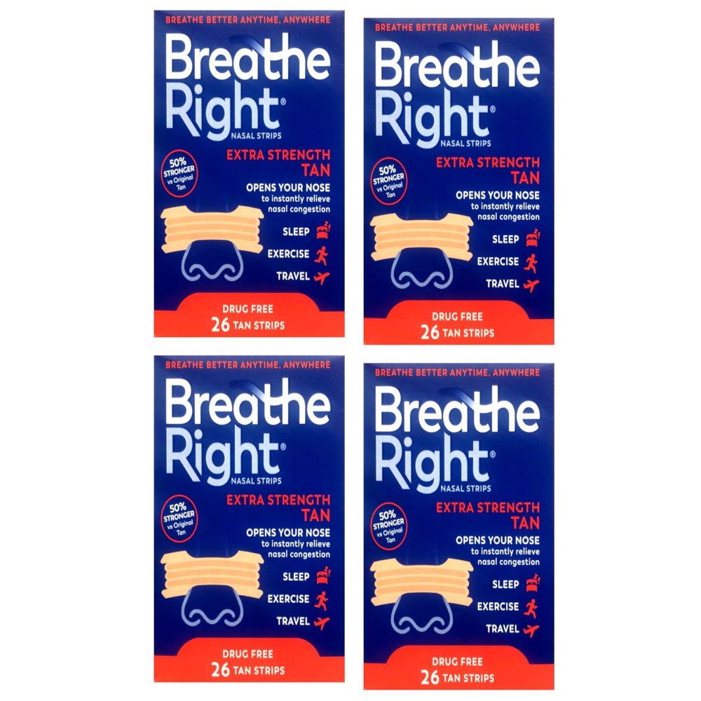 Breathe Right Tan Nasal Strips Extra Strength, 26 Count (Pack of 4)