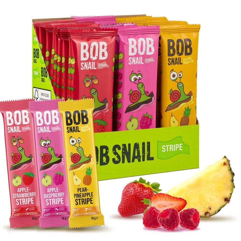 BOB SNAIL Healthy Fruit Snacks for Kids and Adults  30 Fruit Leather Snacks with Apple, Banana, Strawberry  Vegan Low-Carb Variety Pack Strips for Kids  Sugar Free Jerky Bars