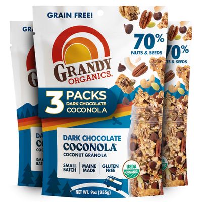 Grandy Organics Dark Chocolate Coconola Granola, Certified Organic Gluten Free Granola, Grain Free, Chocolate Flavored Coconola, Kosher Certified, Paleo Friendly, 9oz Each, Pack of 3