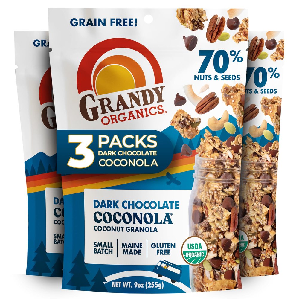 Grandy Organics Dark Chocolate Coconola Granola, Certified Organic Gluten Free Granola, Grain Free, Chocolate Flavored Coconola, Kosher Certified, Paleo Friendly, 9oz Each, Pack of 3