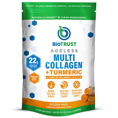 BioTrust Collagen Powder with Turmeric  5 Types (I, II, III, V, X)  Turmeric Collagen Powder for Women & Men  Hydrolyzed Protein  Grass Fed Beef, Fish, Chicken, Eggshell Membrane (Golden Milk)