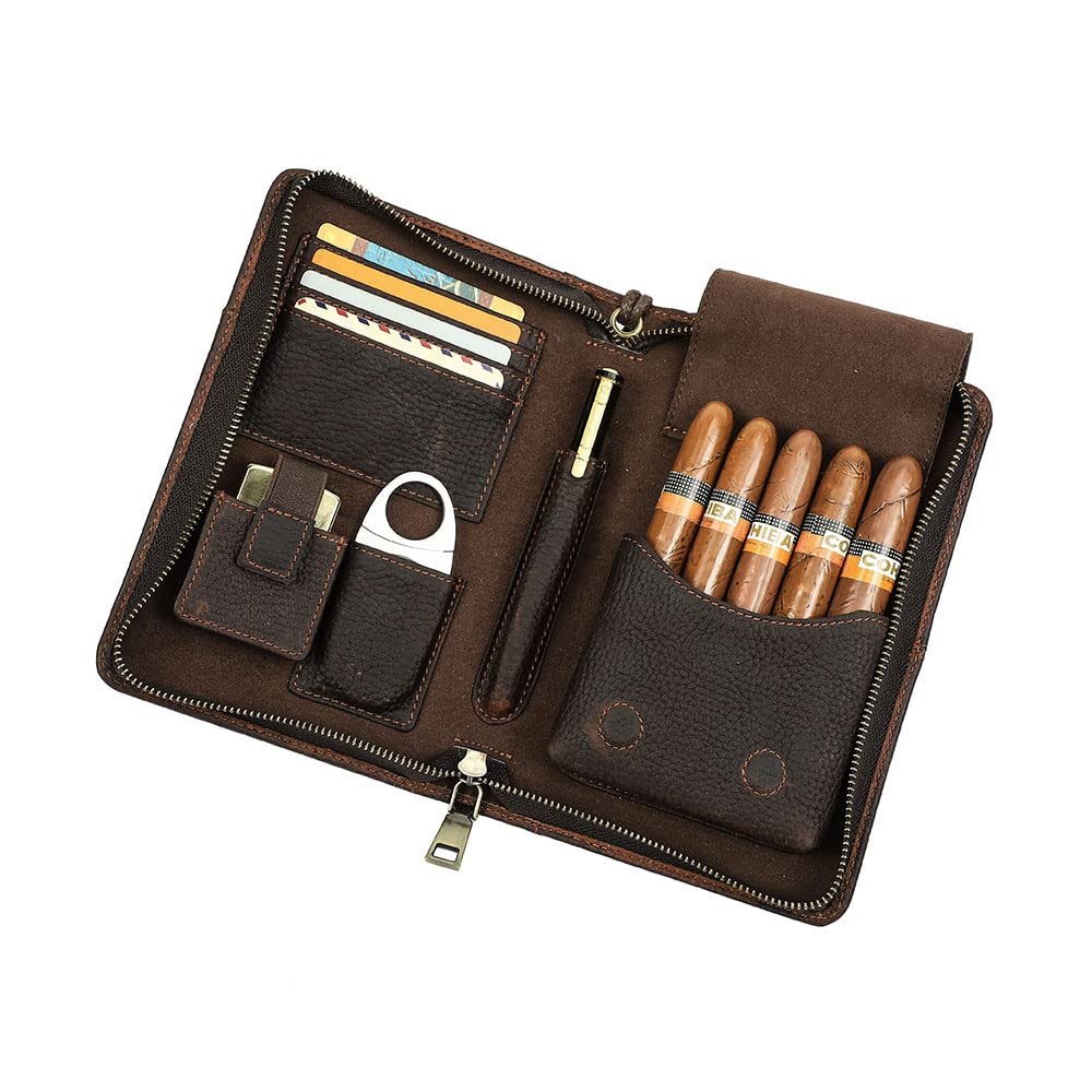 CONTACTS Cigar Humidor Leather Business Cigars Box Travel 5 Finger Cigars Clutch Organizer with Cigar Cutter Slot Lighter Slot