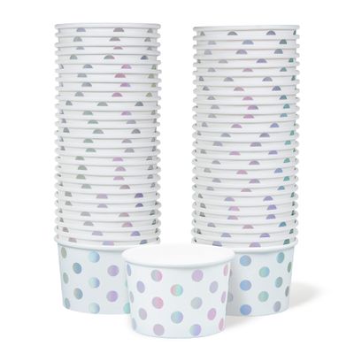 MATICAN Paper Ice Cream Cups - 50-Count 9-Oz Disposable Dessert Bowls for Hot or Cold Food, 9-Ounce Party Supplies Treat Cups for Sundae, Frozen Yogurt, Soup, Silver Foil Polka Dots