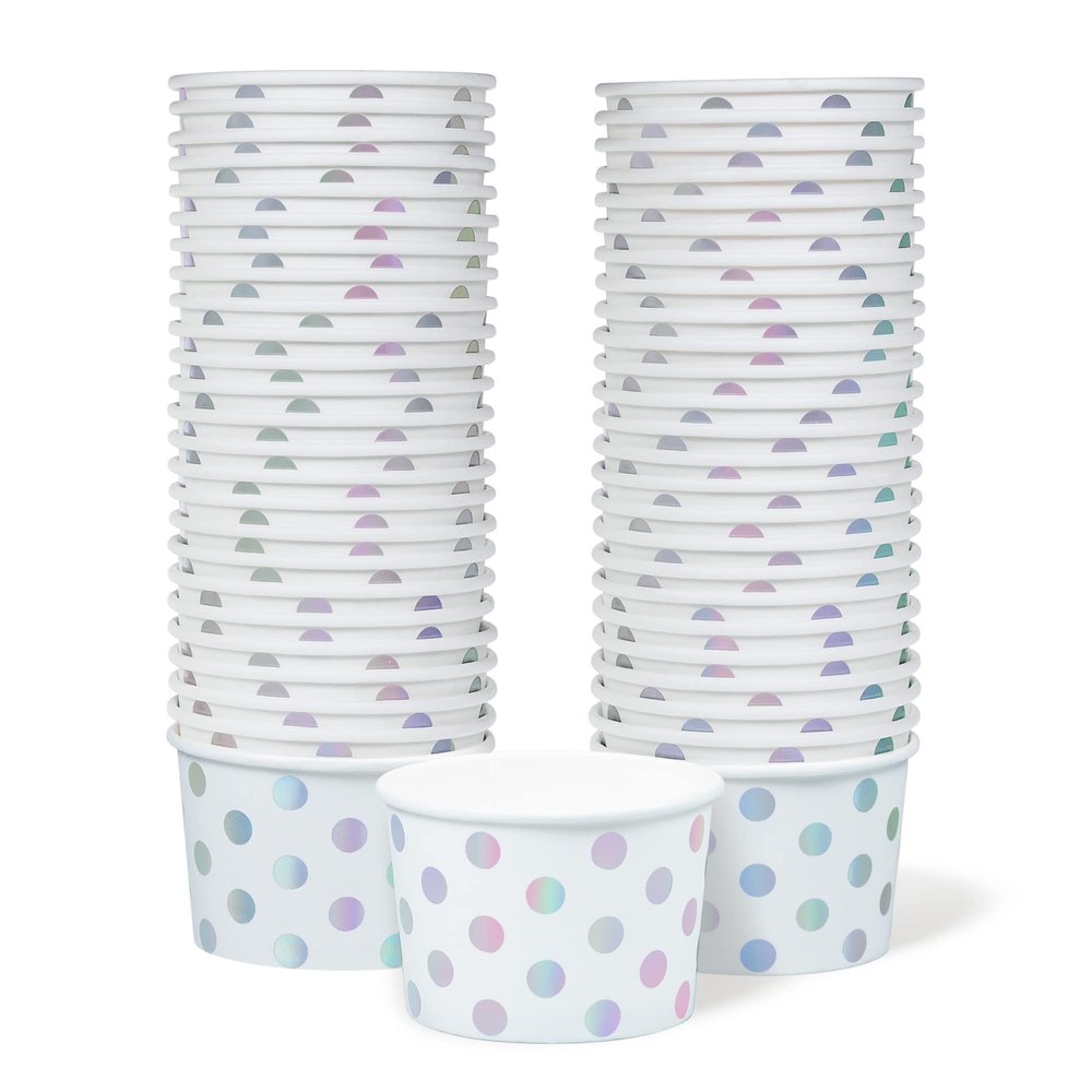 MATICAN Paper Ice Cream Cups - 50-Count 9-Oz Disposable Dessert Bowls for Hot or Cold Food, 9-Ounce Party Supplies Treat Cups for Sundae, Frozen Yogurt, Soup, Silver Foil Polka Dots