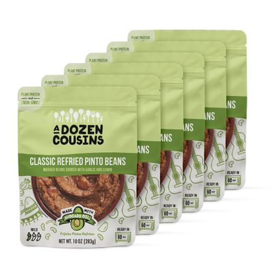 A Dozen Cousins Vegan Refried Pinto Beans 6pk, Seasoned Healthy Microwave Beans in Avocado Oil, Ready to Eat Prepared Food, Easy Plant Protein with Fiber, Gluten Free Quick Meal, Clean Ingredients