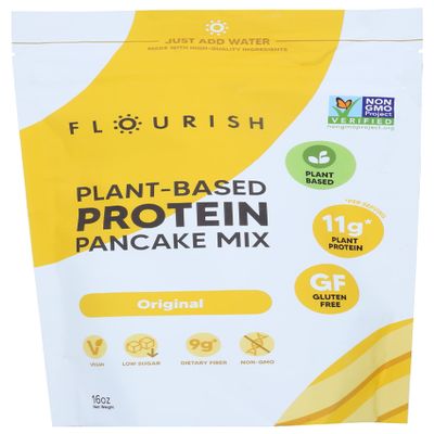 Flourish Original Protein Pancake & Waffle Mix, Plant Based, Gluten Free, 16 Ounces (Pack Of 8)