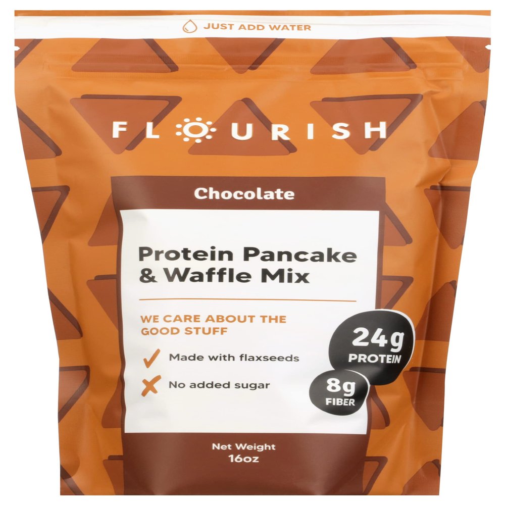 Flourish Chocolate Flavor Protein Pancake & Waffle Mix, Non GMO, No Added Sugar, 16 Ounce (Pack of 8)