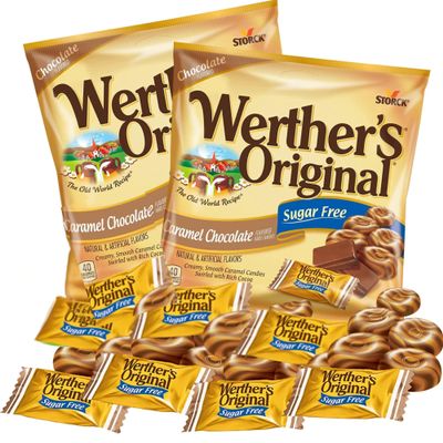 Werther's Original Chocolate and Caramel Sugar Free Hard Candies, Individually Wrapped Snacks for Adults, Gift Basket Stuffers, Pack of 2, 2.35 Ounces