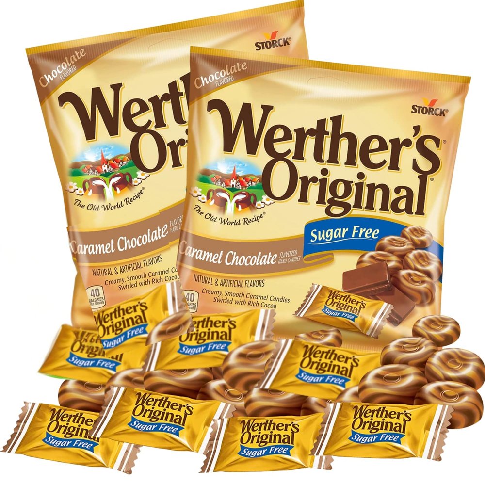 Werther's Original Chocolate and Caramel Sugar Free Hard Candies, Individually Wrapped Snacks for Adults, Gift Basket Stuffers, Pack of 2, 2.35 Ounces