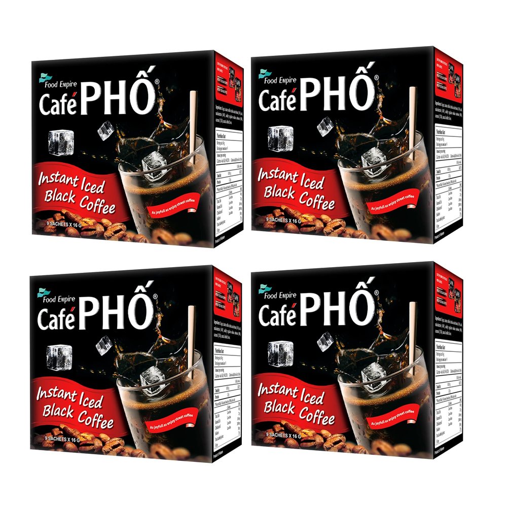 Cafe Pho Vietnamese Instant Coffee Mix, Iced Black Coffee, Cafe Den Da, Single Serve Coffee Packets, Box of 9 Sachets, Pack of 4
