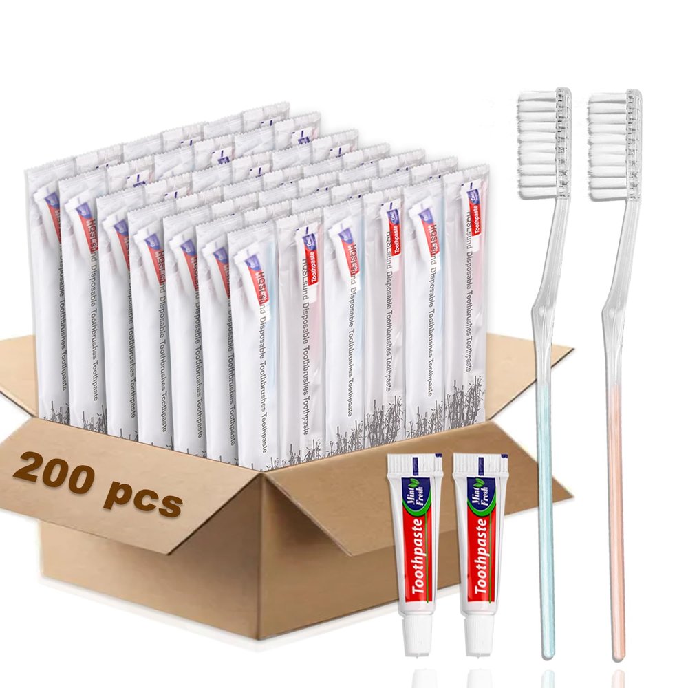 HQSLsund 200 Pack Disposable Toothbrushes with Toothpaste, Individually Wrapped Soft Bristle Toothbrushes, Travel Kit