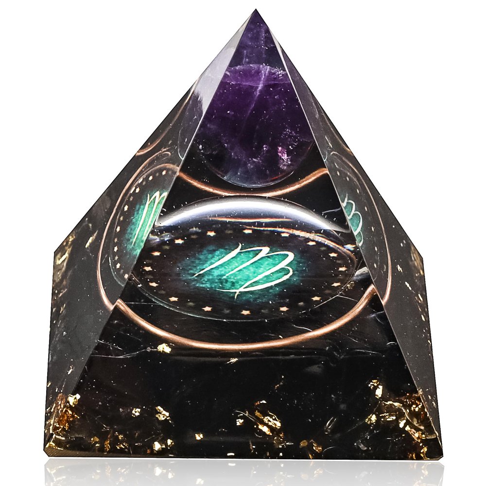 12 Zodiac Orgone Crystal Pyramid, Natural Amethyst with Obsidian,Healing Crystals Pyramid for Protection Chakra, Unique Constellation Pyramid for Positive Energy, Healing Money Health(Virgo)