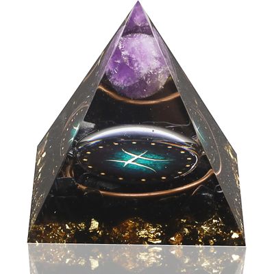 12 Zodiac Orgone Crystal Pyramid, Natural Amethyst with Obsidian,Healing Crystals Pyramid for Protection Chakra, Unique Constellation Pyramid for Positive Energy, Healing Money Health(Pisces)
