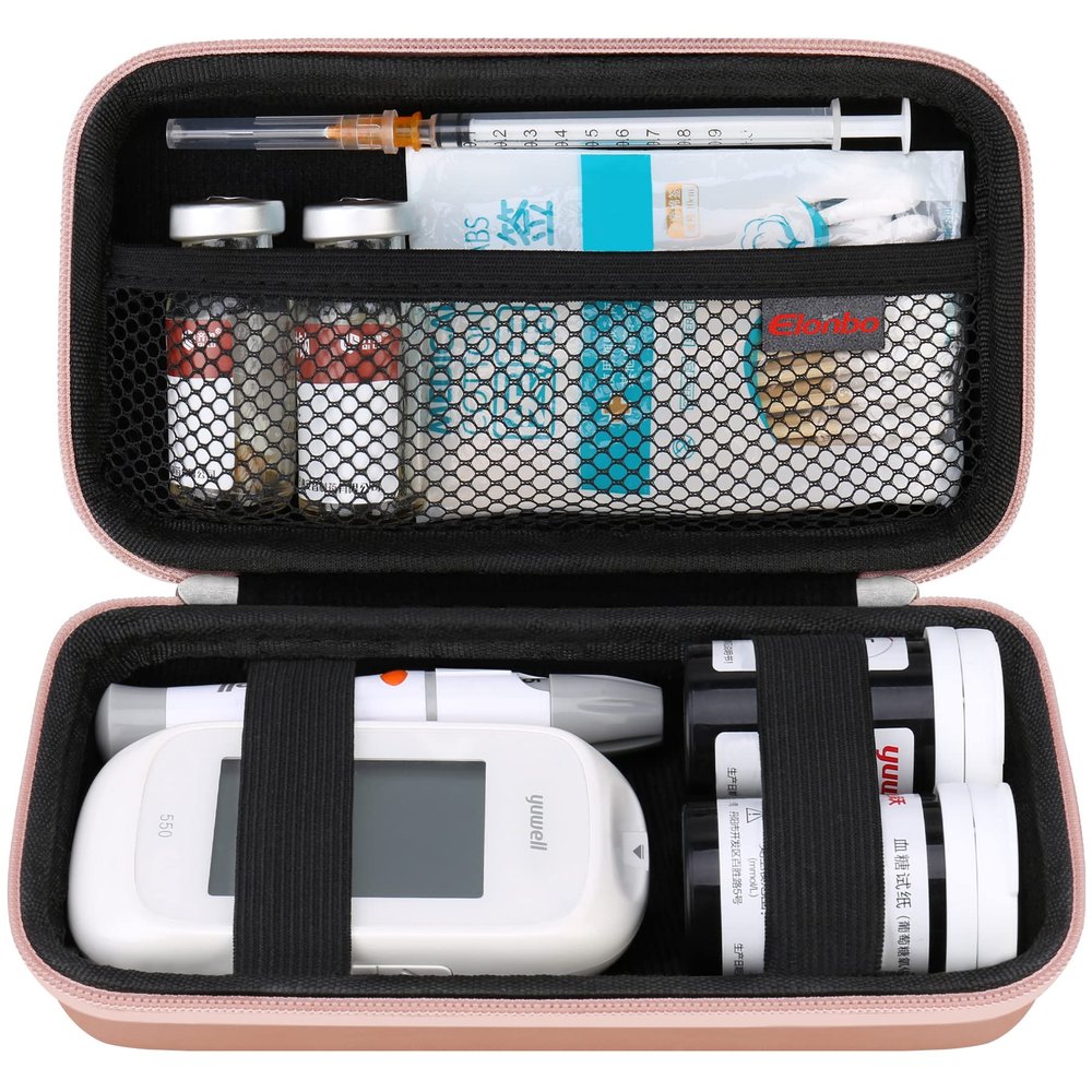 Elonbo Diabetic Supplies Travel Case, Diabetic Supply Organizer Bag, Glucose Meter Storage Case, Insulin Pen Carrying Case for Glucose Monitor, Blood Sugar Test Strips, Lancets, Syringe, Rose Gold