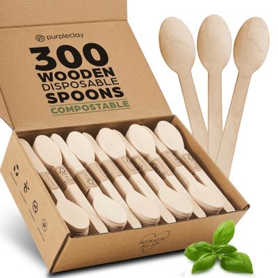 PURPLECLAY Disposable Wooden Spoons for Eating  300 Pack Wooden Disposable Spoon, FSC Certified Wood Compostable Spoons, Biodegradable Wood Cutlery, Plastic-Free Utensils for Parties, Catering