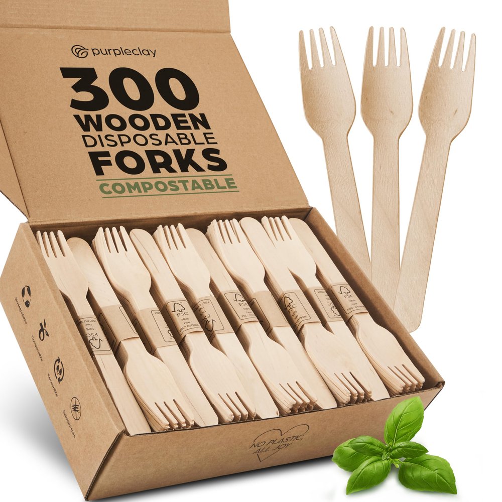 PURPLECLAY Wooden Disposable Forks (300 PCS) FSC Certified Wood Compostable Forks, Eco-Friendly Compostable Utensils for Party, Plastic-Free Wood Utensil, Bamboo Utensils Alternative, Fork for Eating
