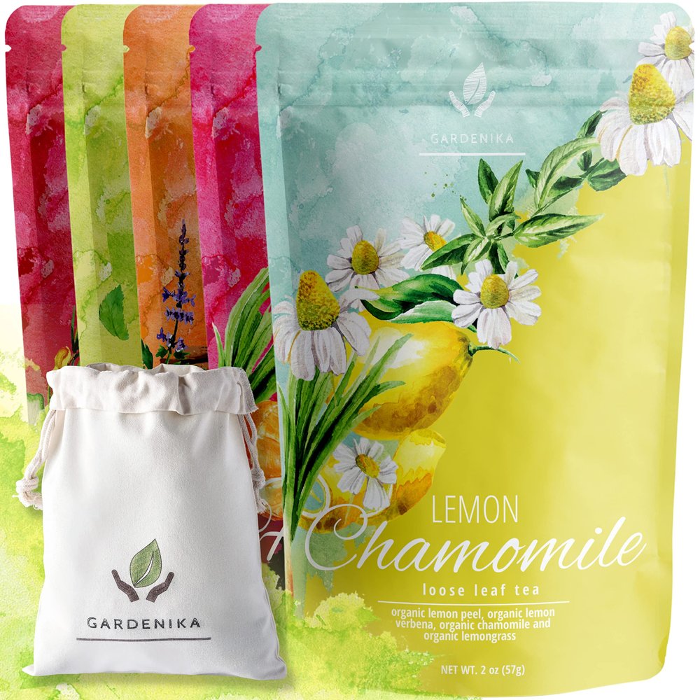 Gardenika Loose Leaf Tea Set, Herbal Caffeine-Free Set - Rooibos, Spearmint, Chamomile, Hibiscus, Tulsi, Turmeric, Ginger Teas 5 Pack Assortment (10 oz)