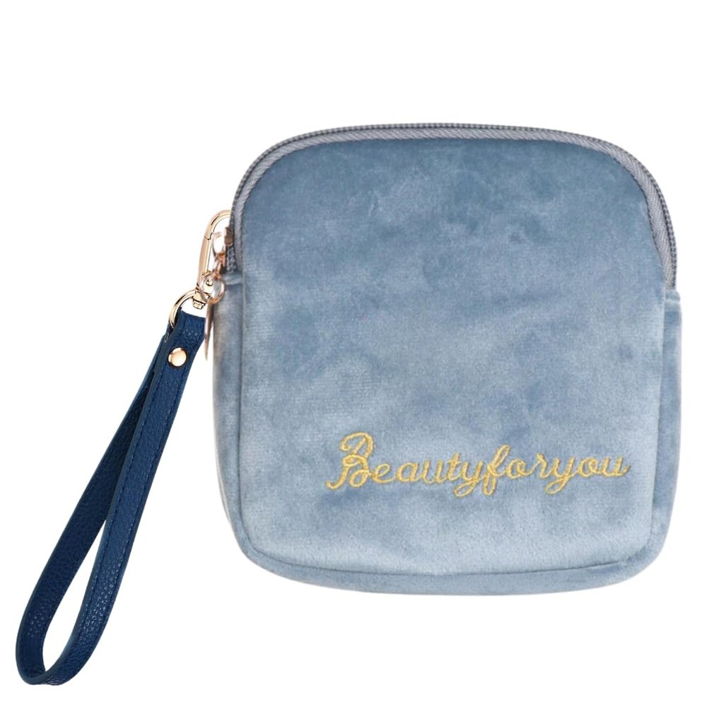 Adorable Pink Peri - Reusable Sanitary Napkin Pads Storage Bag Portable for Women Girls | Soft Touch Velvet with Matching Open Clip Lanyard | Reusable | Zero Waste Period (Blue Velvet)