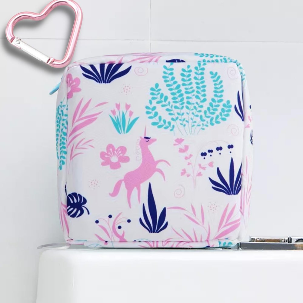 Adorable Pink Peri - Reusable Sanitary Napkin Pads Storage Bag Portable for Women Girls | Reusable | Zero Waste Period (White Unicorn)