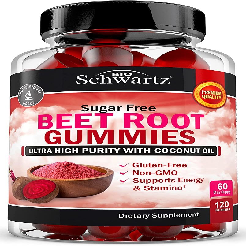 Sugar Free Beet Root Gummies - Nitric Oxide Gummies Infused with Coconut Oil for Highest Absorption - Supports Energy & Whole Body Health - Delicious Strawberry Flavor - 120 Count (60 Day Supply)