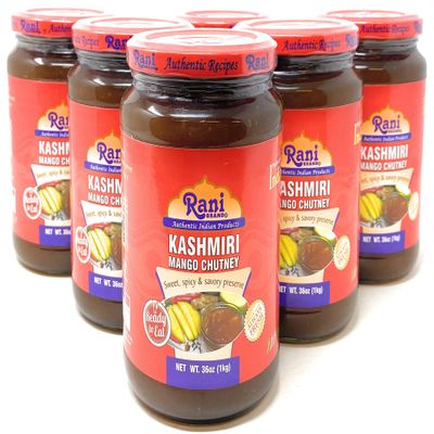 Rani Kashmiri Mango Chutney (Indian Preserve) 36oz (2.2lbs) 1kg Glass Jar, Ready to eat, Vegan, Pack of 5+1 FREE ~ Gluten Free, All Natural, NON-GMO