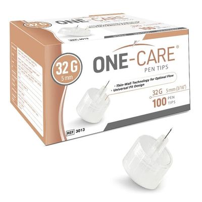 ONE-CARE Pen Tips 32G x 5mm, Universal Fit, Ultra-Thin Design, Thin-Wall Flow Technology, 100 Count Box