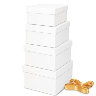 Bengnkes White Gift Box Small Gift Boxes with Lids for Presents 4 Packs Square Luxury Nesting Gift Boxes with 17ft Ribbon for Birthday Bridesmaid Wedding Christmas Proposal