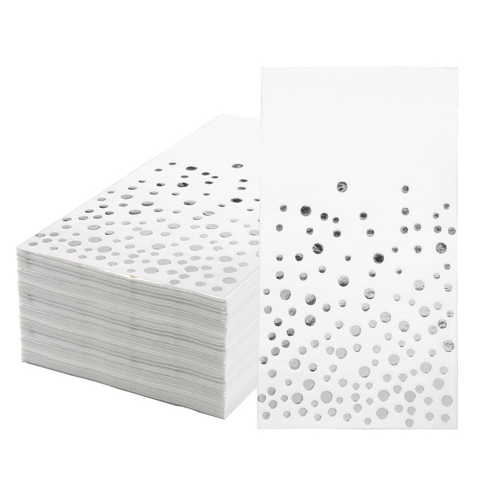 120 PCS Silver Foil Guest Napkins White Silver Polka Dots Paper Napkins Decorative Disposable Hand Towel Dinner Party Napkin for Birthday Wedding Party Holiday Celebration Bathroom