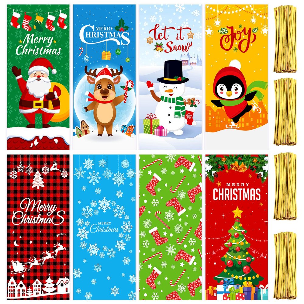 Hotop 160 Pcs Christmas Cellophane Goody Bags with 200 Twist Tie Party Cellophane Bags Christmas Treat Bags for Party Favors Treats Candy Gifts Holiday Christmas Goodie Bags