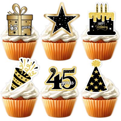 18pcs Gold Glitter 45 Dessert Cupcake Topper Pick for Men Woman 45th Years Old Happy Birthday Party Theme Decor Supplies Celebrate Weeding Anniversary Party Decorations