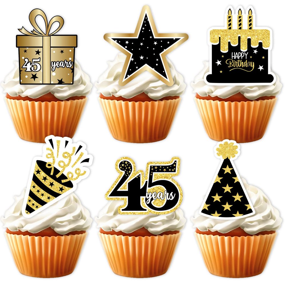 18pcs Gold Glitter 45 Dessert Cupcake Topper Pick for Men Woman 45th Years Old Happy Birthday Party Theme Decor Supplies Celebrate Weeding Anniversary Party Decorations