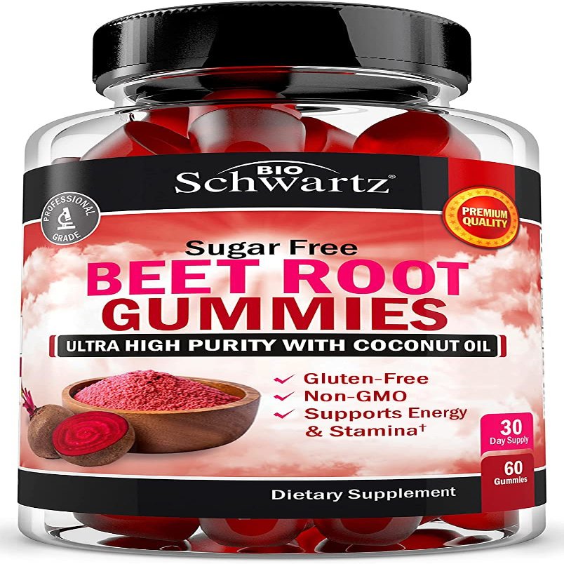 Sugar Free Beet Root Gummies - Nitric Oxide Gummies Infused with Coconut Oil for Highest Absorption - Supports Energy & Whole Body Health - Delicious Strawberry Flavor - 60 Count (30 Day Supply)