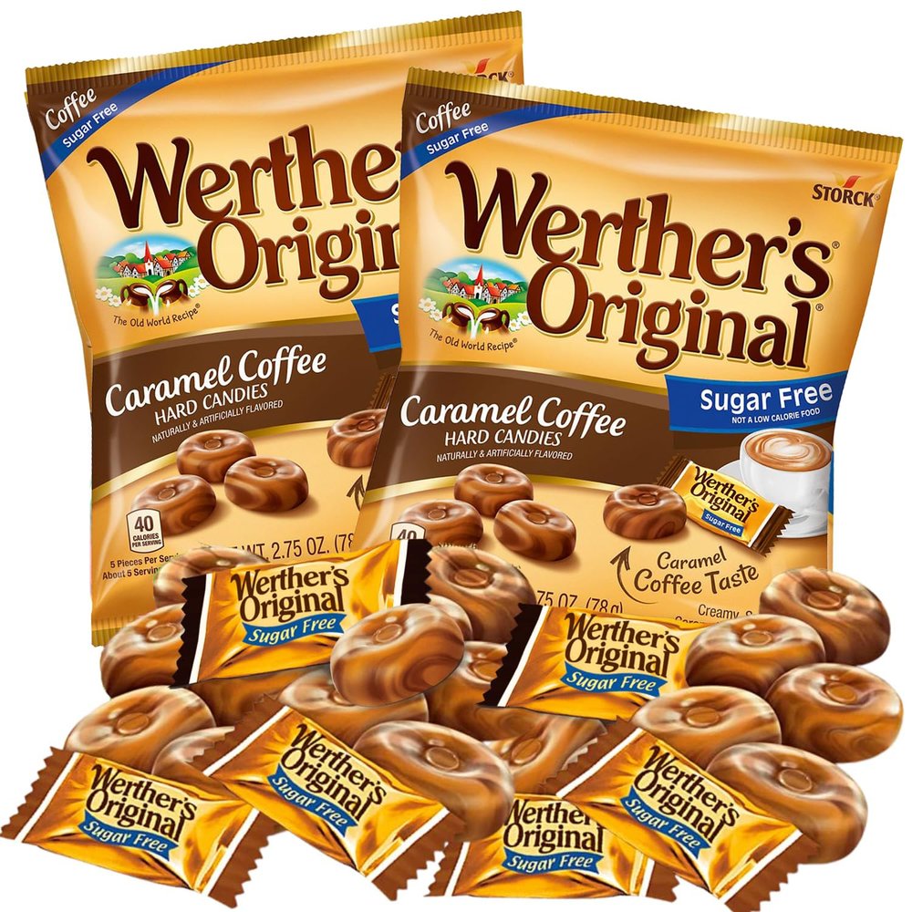 Sweetzo - Werther's Original Caramel Coffee Sugar Free Hard Candies, Individually Wrapped Snacks for Adults, Gift Basket Stuffers, Pack of 2, 2.75 Ounces