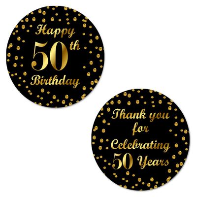 50th Birthday Round 2 Inch Big Glossy Stickers, Thank You for Celebrating 50 Years Black and Gold Labels, Great for Party Favors, Decorations, Tags, Gift Bags and Supplies. Made in USA