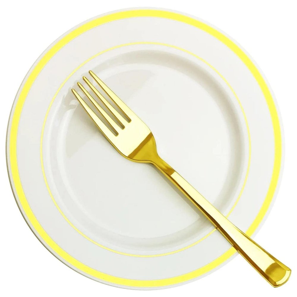 Plastic Silverware, 100 Piece Gold Plastic Forks Bulk Set, Heavy Duty Disposable Reusable Cutlery for Party and Wedding, Great for Dinner and Dessert