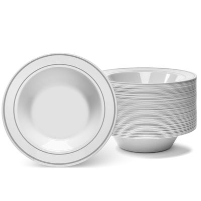 Silver Rimmed White Bowls - 5 ounce - 50 Count - Hard Plastic - Disposable or Reusable - Dessert - Salad - Cereal - Pasta Bowls - Ideal for Weddings, Parties, Gatherings, Events &More!