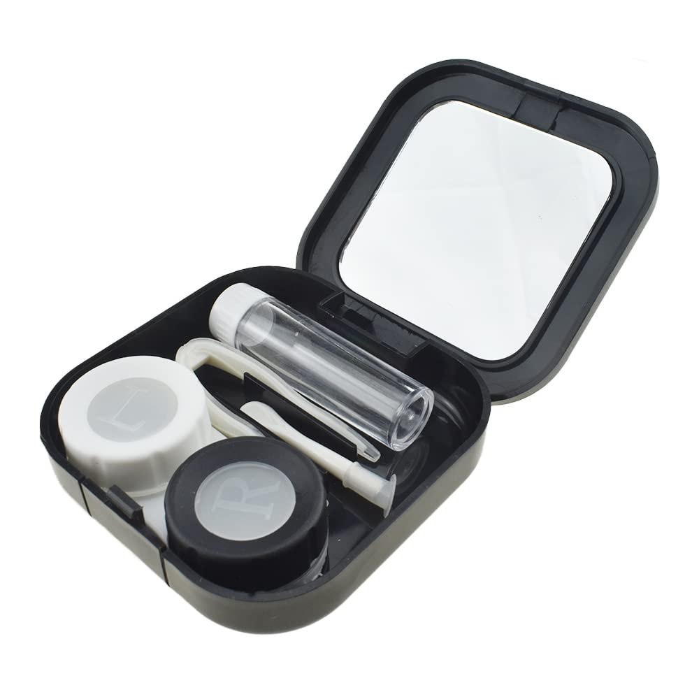 HAHIYO Contact Lens Case Box Holder Kit with Mirror Durable Leakproof Light Convenient Left/Right Eyes Contact Lens Container Soak Storage Kit with Tweezer Remover Tool Solution Bottle, Black 2 Pack