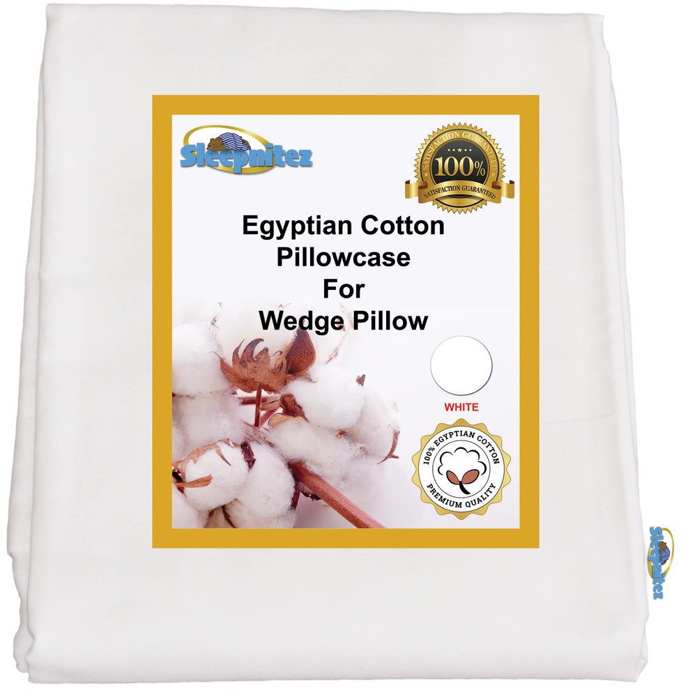 Bed Wedge Pillow Case Cover for Sleepnitez 8" Wedge Pillow, White Loose Fitting 100% Egyptian Cotton Pillowcase. Zip Closure for Easy Removal.