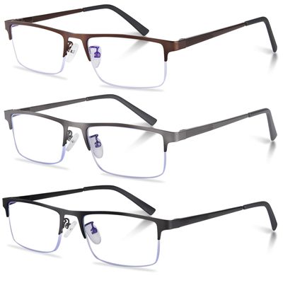 Anourney 3-Pack Reading Glasses for Men, Lightweight Metal Half Frame Blue Light Blocking Computer Readers, Stylish Filter UV Ray/Computer Glare with Spring Hinge Eyeglasses(3PCS Mix Color,+1.75)