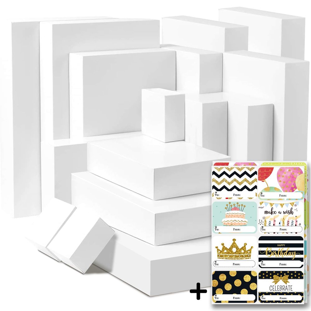 24 White Gift Wrap Boxes with Lids for wrapping Large Clothes (Assorted Sizes for Robes, Blankets & Shirts)and 80 Different Occasion Tag Stickers -Perfect for Mothers,Fathers Day,Birthdays, Baby Showers, Weddings.