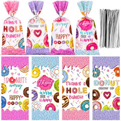 Jetec 100 Pcs Donut Candy Bags Grow up Party Supplies Donut Cellophane Gift Treat Goodie Bags with Ties Two Sweet Theme Birthday Party Decorations