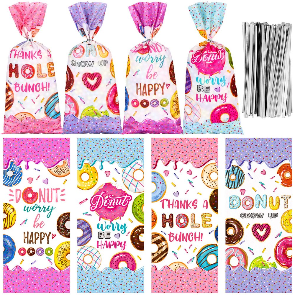 Jetec 100 Pcs Donut Candy Bags Grow up Party Supplies Donut Cellophane Gift Treat Goodie Bags with Ties Two Sweet Theme Birthday Party Decorations